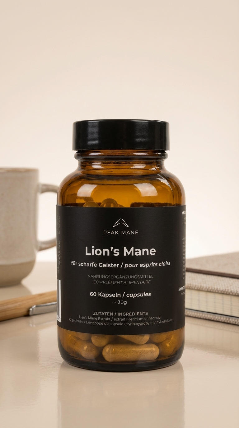 Bottle of Peak Mane Lion's Mane supplement with contextual background
