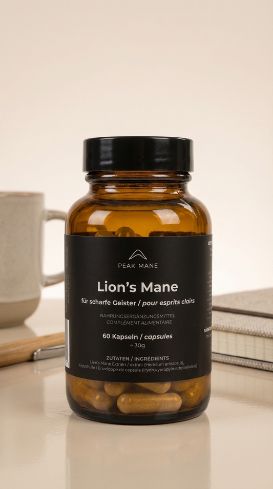 Bottle of Peak Mane Lion's Mane supplement with contextual background